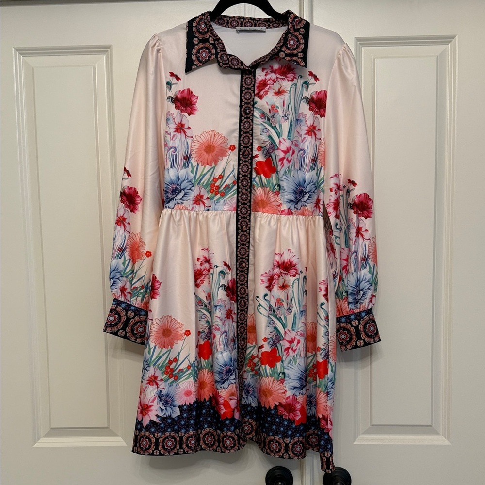 Floral Long Sleeve Dress with Pink and Blue Accents